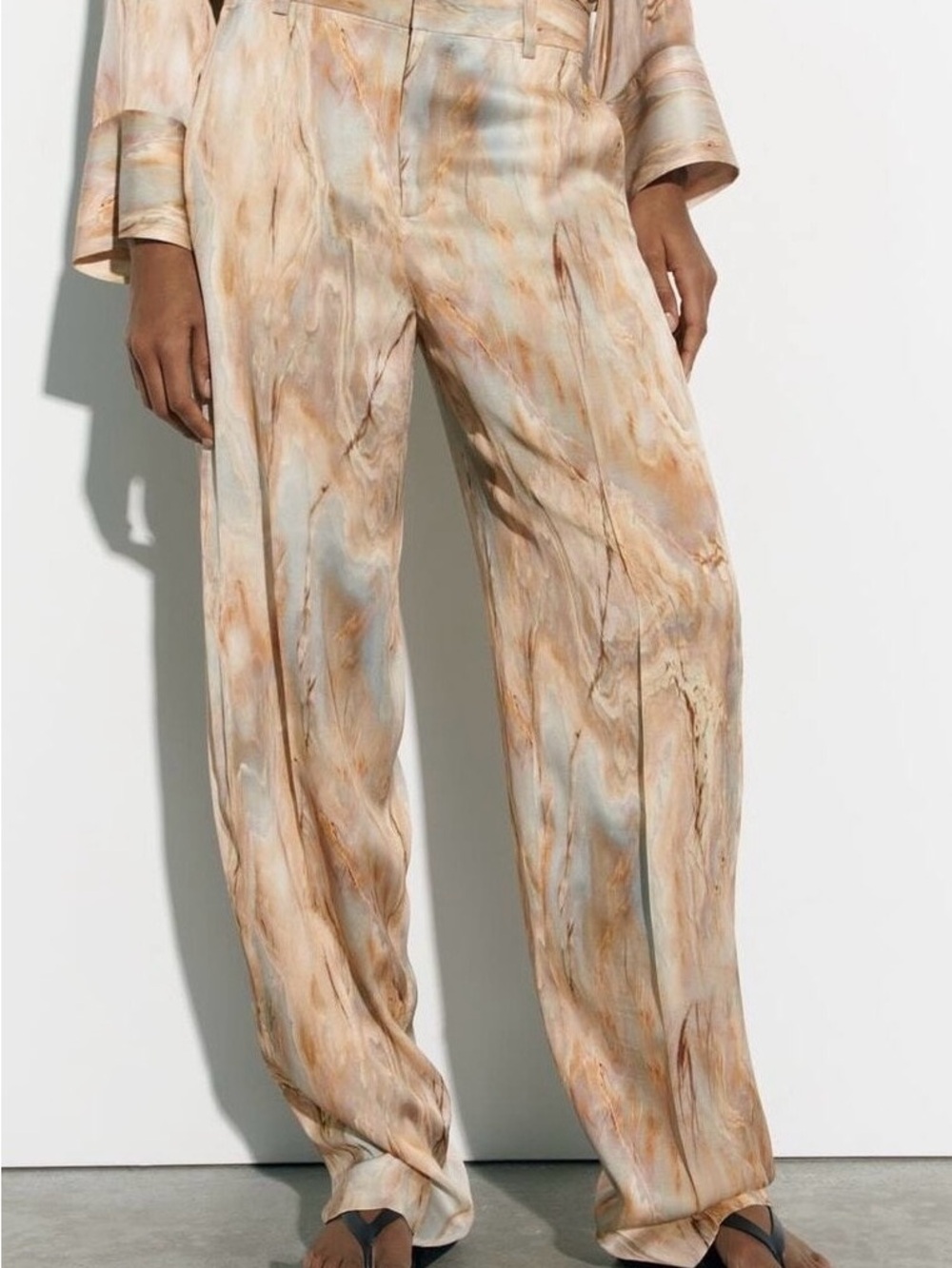 Zara Straight-Leg Tie Dye Satin Pants - Beige Blue